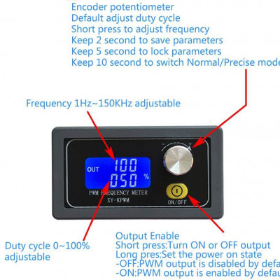 XY-KPWM PWM Signal Generator 1 Channel 1Hz-150KHz PWM Pulse Frequency Duty Cycle Adjustable Module LCD Display ON Off Button