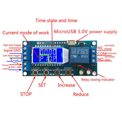 1 Channel 5V Delay Off Cycle Timer 0.01s-9999mins Trigger Delay Switching Relay Module with LCD Display with Micro USB Port