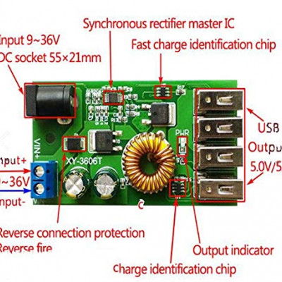 DC-DC Power Supply Module 24V/12V to 5V 5A Converter 4 USB Fast Charging