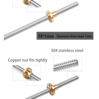 T8 Lead Screw OD 8mm Pitch 2mm Lead 2mm/8mm 300mm With Brass Nut For Reprap 3D Printer