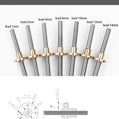 T8 Lead Screw OD 8mm Pitch 2mm Lead 2mm/8mm 300mm With Brass Nut For Reprap 3D Printer