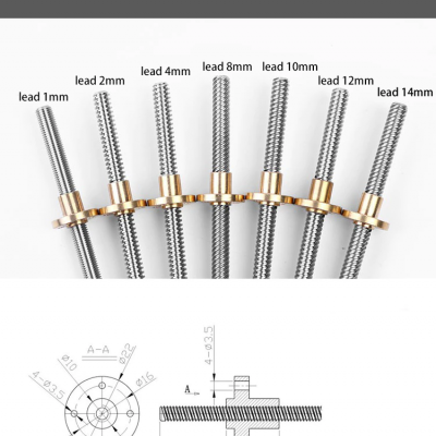 T8 Lead Screw OD 8mm Pitch 2mm Lead 2mm/8mm 400mm With Brass Nut For Reprap 3D Printer