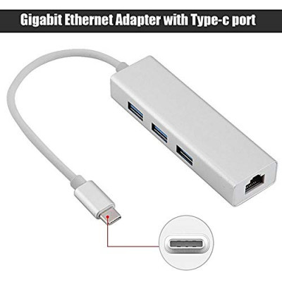 Type C RJ45, USB 3.0 HUB Type C to RJ45 Ethernet Gigabit LAN with 3 Ports USB Adapter for Mac MacBook and Other(Metal Silver)